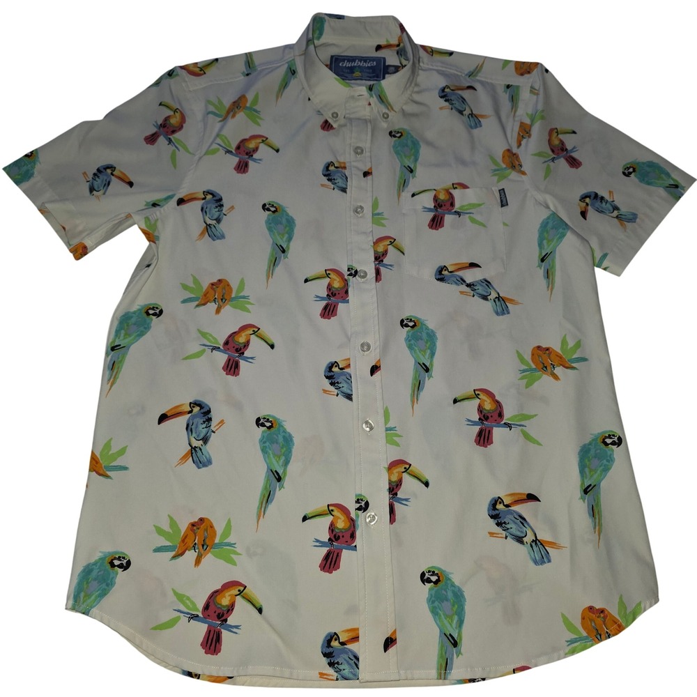 Chubbies Mens Large Short Sleeve Button Down‎ Shirt Tropical Bird Parrot Toucan